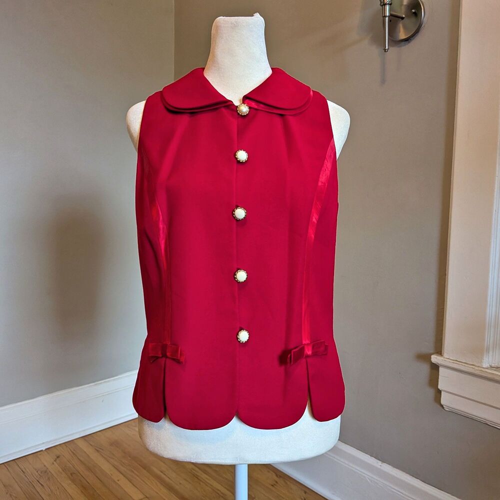Vintage 90s Warren Red Vest, Satin Bow, Twee Academia, Size 6P